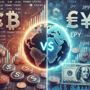 comparison between Penny Stocks and Forex Trading in 2024. It contrasts the speculative, risky nature of penny stocks with the global, fast-paced world of forex trading