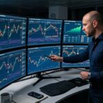 Forex trader at a multi-monitor desk learning how to make money in trading by analyzing currency charts