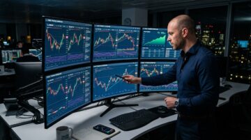Forex trader at a multi-monitor desk learning how to make money in trading by analyzing currency charts
