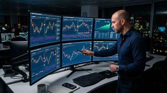 Forex trader at a multi-monitor desk learning how to make money in trading by analyzing currency charts