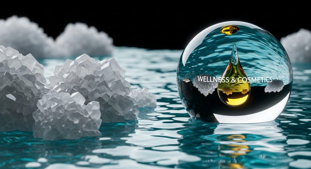 Sophisticated 3D abstract visualization of Dead Sea minerals as a key sector to invest in Jordan for the wellness and cosmetic industry.