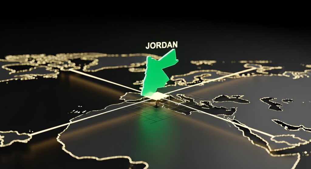 Why Invest in Jordan? 3D map visualization showing Jordan as a green highlighted strategic hub connecting Europe, Asia, and Africa.