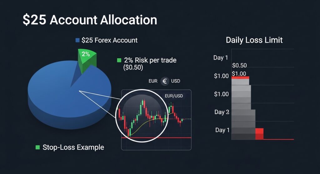 Risk management chart for start trading forex with only $25 accounts – 2% rule
