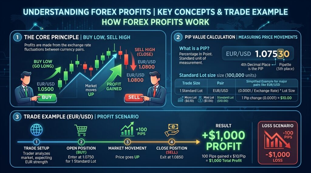 Make Money Selling Money: How Forex Traders Profit from Currency Movements 1 Infographic explaining how forex traders make money selling money through currency pair exchanges, pip movements and profit calculations