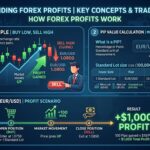 Infographic explaining how forex traders make money selling money through currency pair exchanges, pip movements and profit calculations