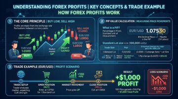 Infographic explaining how forex traders make money selling money through currency pair exchanges, pip movements and profit calculations