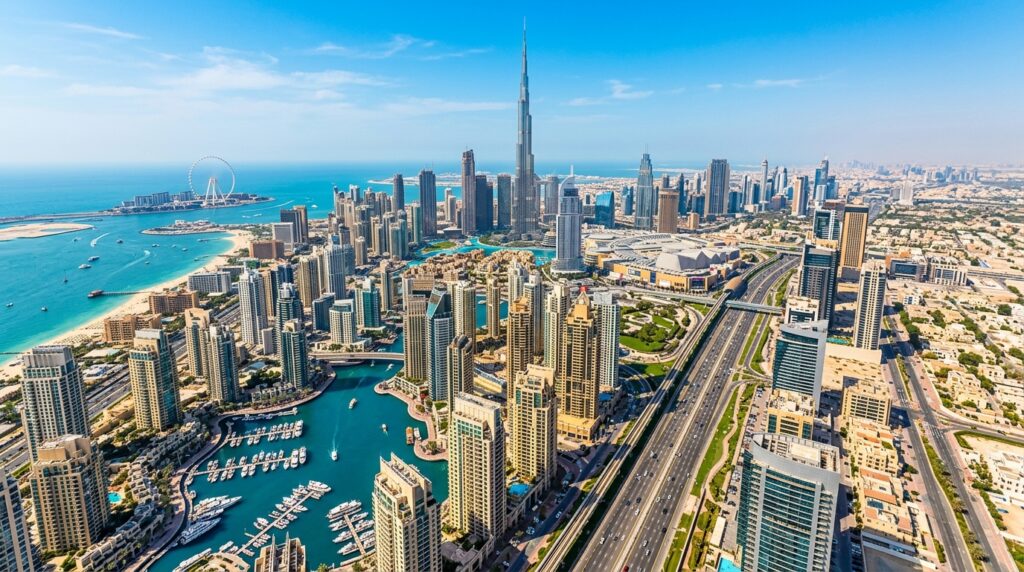 Investing in Dubai — aerial view of the Dubai skyline with Burj Khalifa and Dubai Marina