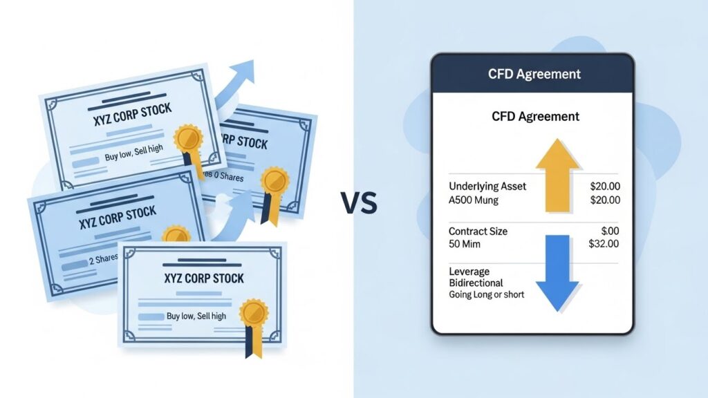 what are CFDs, A Visual comparison showing difference between CFD contracts and traditional stock ownership for traders