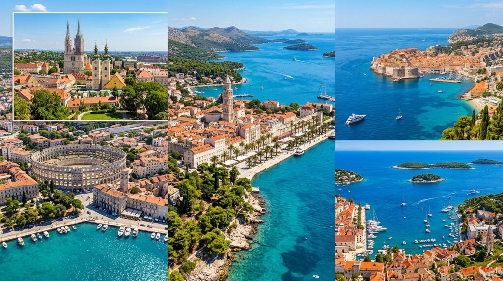 best country in Europe for Real Estate Investment-Croatia's Adriatic coastline featuring aerial views of Dubrovnik's ancient walls, Split's waterfront promenade, Hvar harbour, Pula's Roman amphitheatre, and Zagreb's cathedral