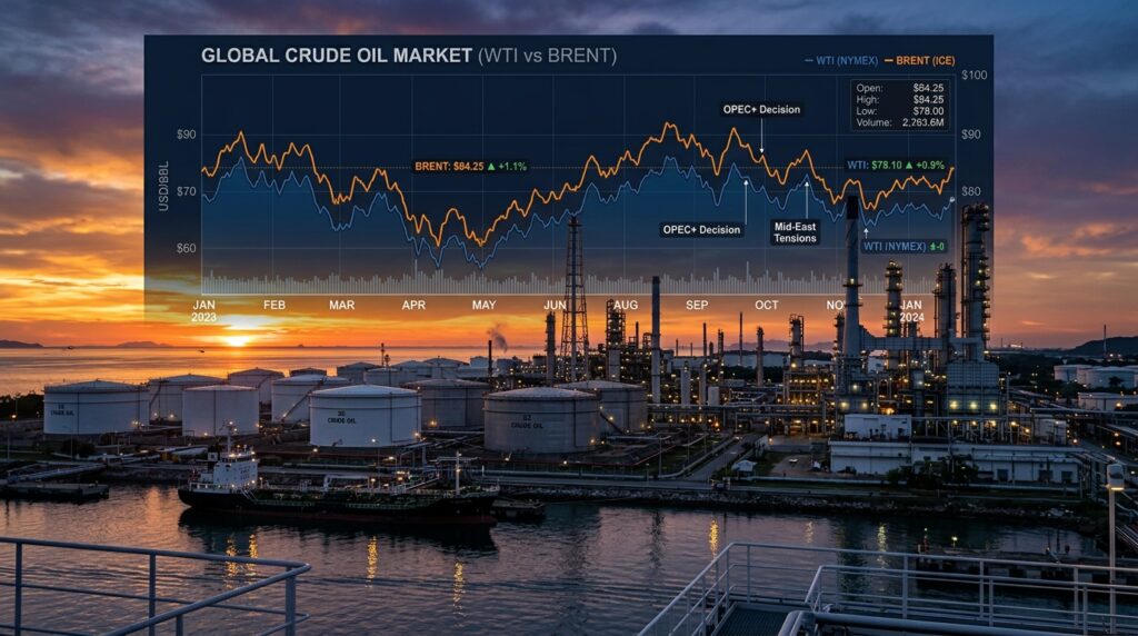 Crude oil trading guide showing WTI and Brent oil price charts with refinery infrastructure