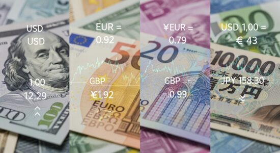 A global currency trading visual featuring a collection of international banknotes including the US Dollar and Euro representing the foreign exchange market."