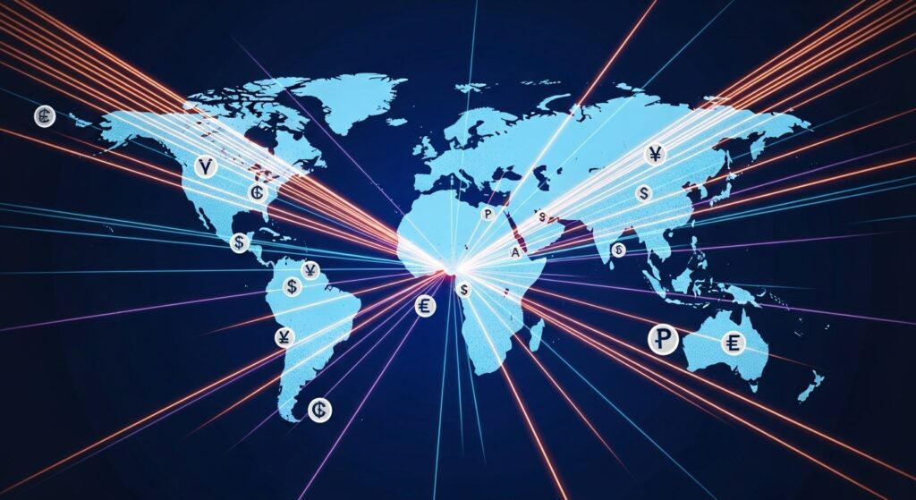 Global currency trading flows between continents on world map
