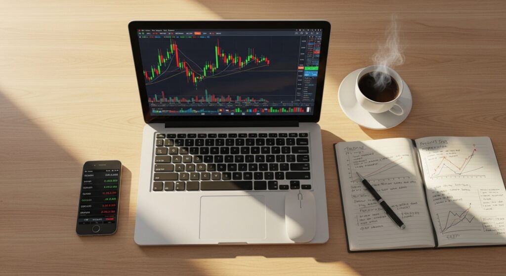 Currency trading tips workspace with laptop showing forex chart