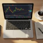 Currency trading tips workspace with laptop showing forex chart