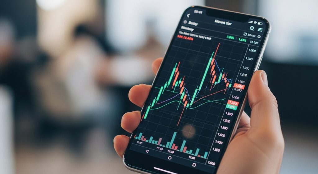 Close-up of a mobile trading app showing a bullish candlestick chart with technical indicators.