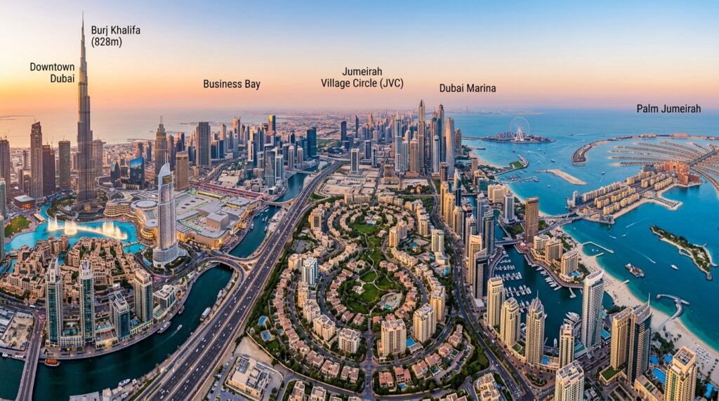 Investing in Dubai for foreigners, investors can purchase property outright in Dubai's freehold areas — Downtown Dubai, Dubai Marina, Business Bay, Palm Jumeirah, Jumeirah Village Circle, and dozens of others.