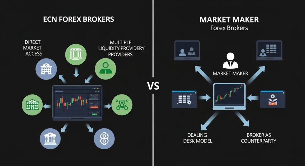 ECN vs market maker forex brokers comparison showing order execution and liquidity flow