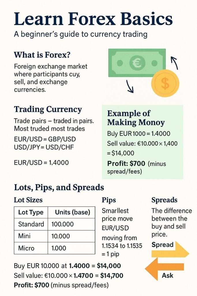 Forex Basics: Complete Beginner’s Guide to Currency Trading 1 Infographic showing forex basics: currency pairs, lots, pips, spreads, margin and leverage.
