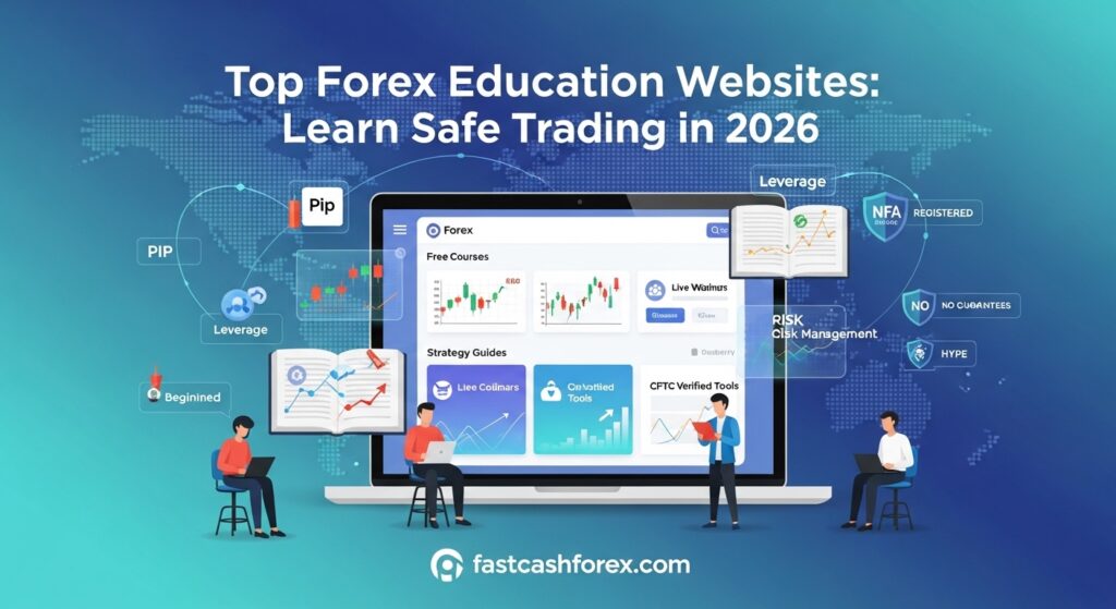 Illustration of top forex education websites dashboard with courses, webinars, and CFTC-verified tools for safe trading on fastcashforex.com.
