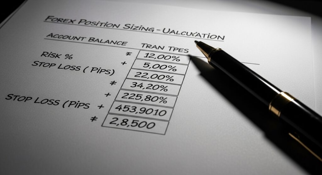Forex scalping expert position sizing formula written on paper for risk management