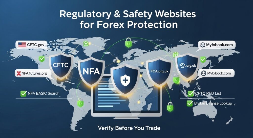 Infographic of CFTC, NFA, FCA regulatory websites and safety verification tools for secure forex websites trading on fastcashforex.com.