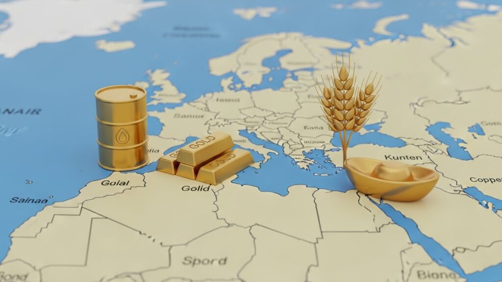 Global commodities market exchange trading concept with world map, major exchanges, commodities and market charts.