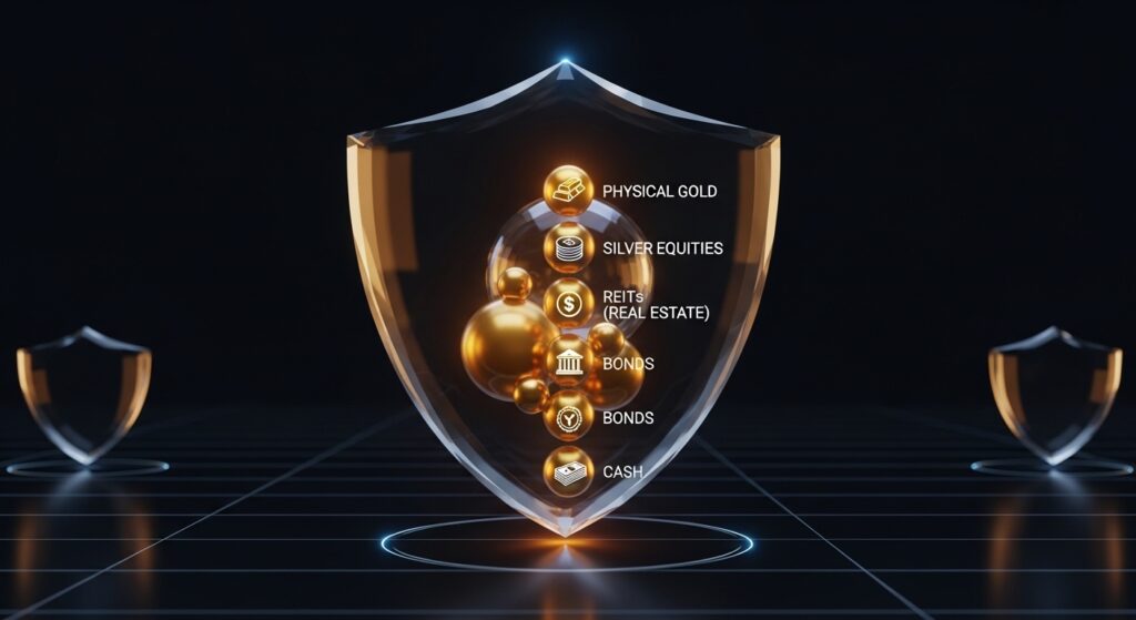 Sophisticated 3D abstract visualization listing gold, REITs, silver, and other good assets to have during bad economic times.