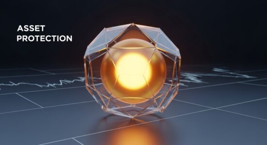 Sophisticated abstract visualization of good assets to have during bad economic times, featuring a gold sphere protected by geometric layers