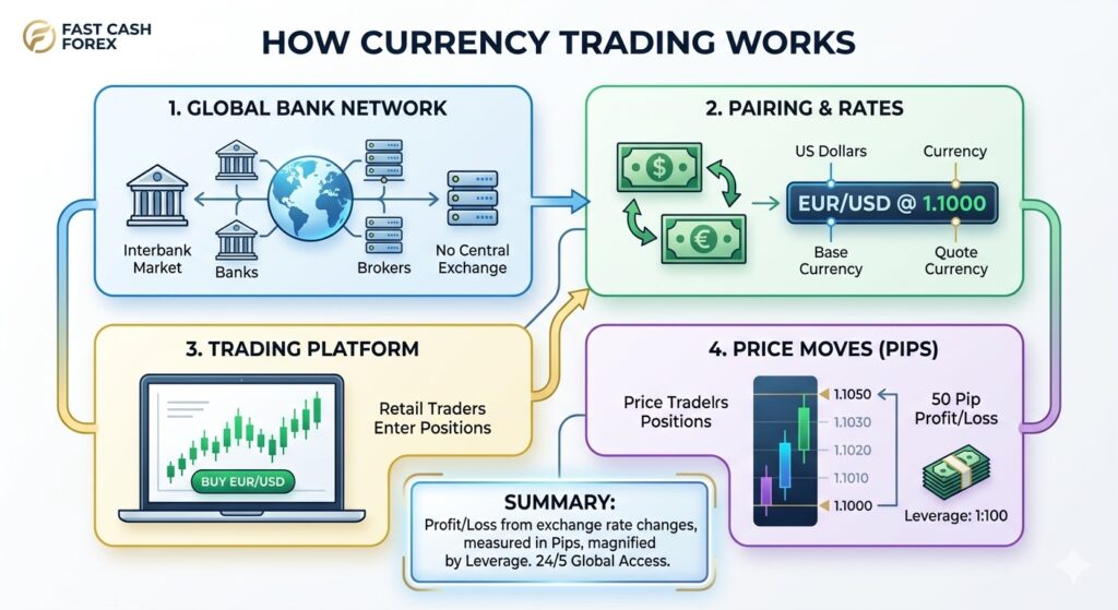 An educational infographic showing how currency trading works, including the global bank network, EUR/USD currency pairs, pips, and trading platforms