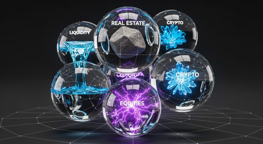 A 3D abstract diagram showing the components of a recession-resistant portfolio, including liquidity, real estate, and diversified assets.