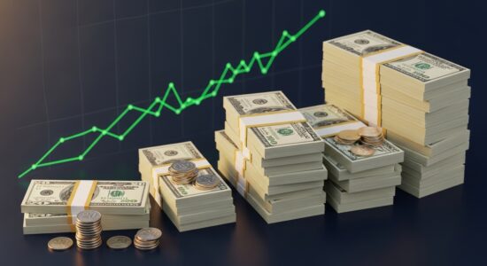 how to invest with little money showing ascending stacks of coins and bills from 20 to 1000 dollars