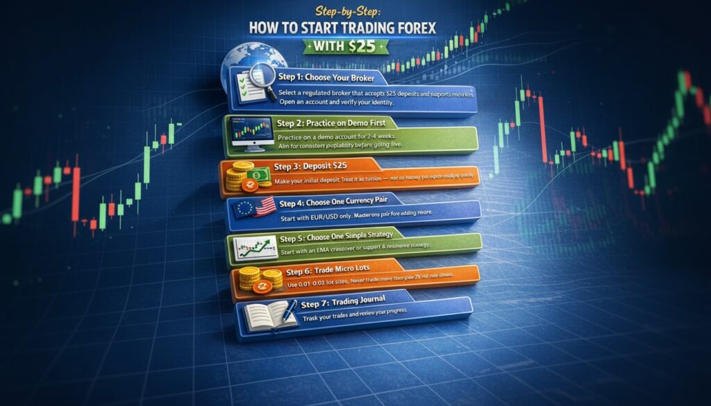 infographic showing step-by-step how to start forex trading with $25, including choosing a broker, demo practice, risk management, and trading journal