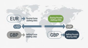 Educational illustration showing how forex trading works using currency pairs and global markets
