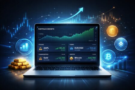 Investment Diversification portfolio dashboard showing diversified assets including forex, stocks and gold