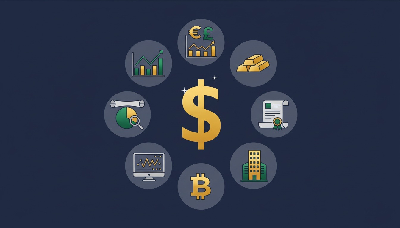 different investment methods showing forex stocks gold bonds real estate and cryptocurrency options