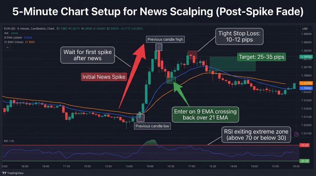 5-minute EURUSD chart showing Post-Spike Fade scalping strategy during high impact news. Includes 9 EMA, 21 EMA, RSI 14, entry point, stop loss, and take profit levels.