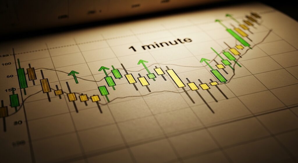 Forex scalping expert: 1-minute candlestick chart with profit arrows illustrating advanced scalping strategy