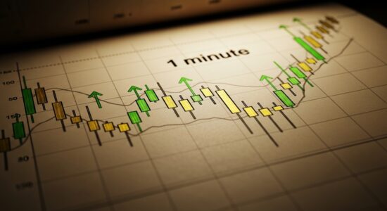 Forex scalping expert: 1-minute candlestick chart with profit arrows illustrating advanced scalping strategy