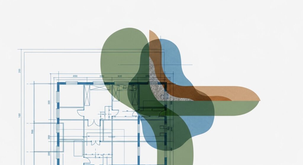 Abstract architectural blueprint and organic shapes representing real estate as a tangible good assets to have during bad economic times.
