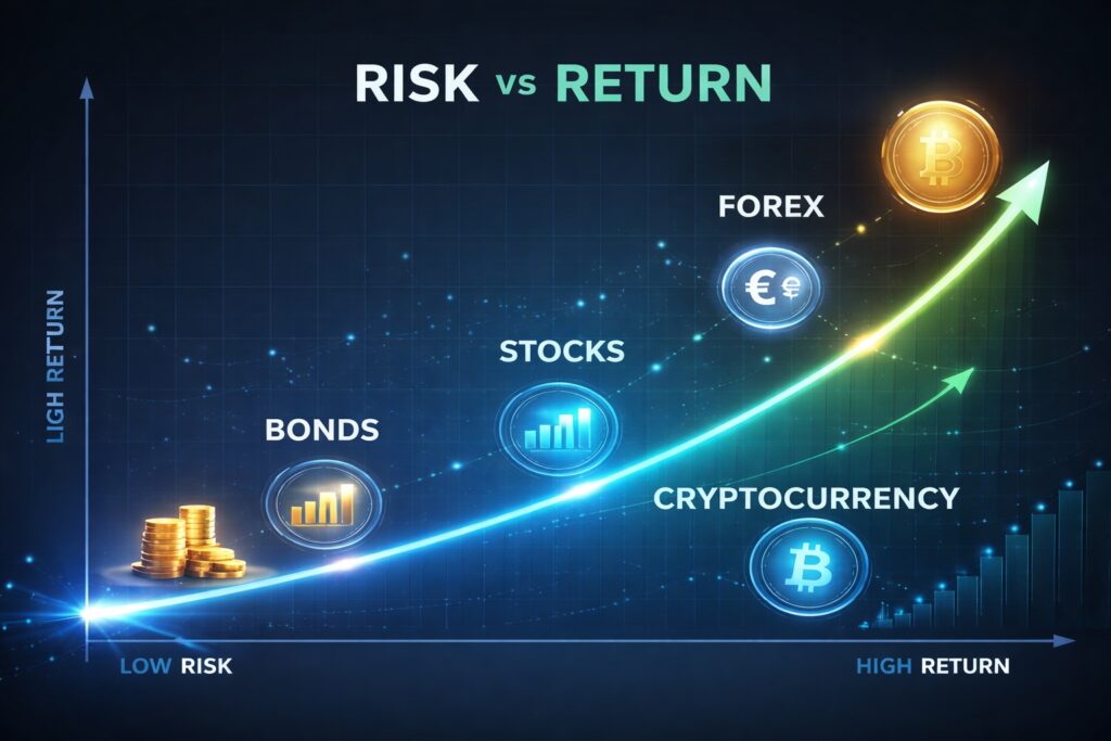 risk vs return chart showing different investment asset classes like stocks forex and cryptocurrency