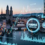 Swiss financial district Zurich with forex trading charts and FINMA Swiss forex regulation
