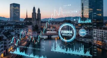 Swiss financial district Zurich with forex trading charts and FINMA Swiss forex regulation