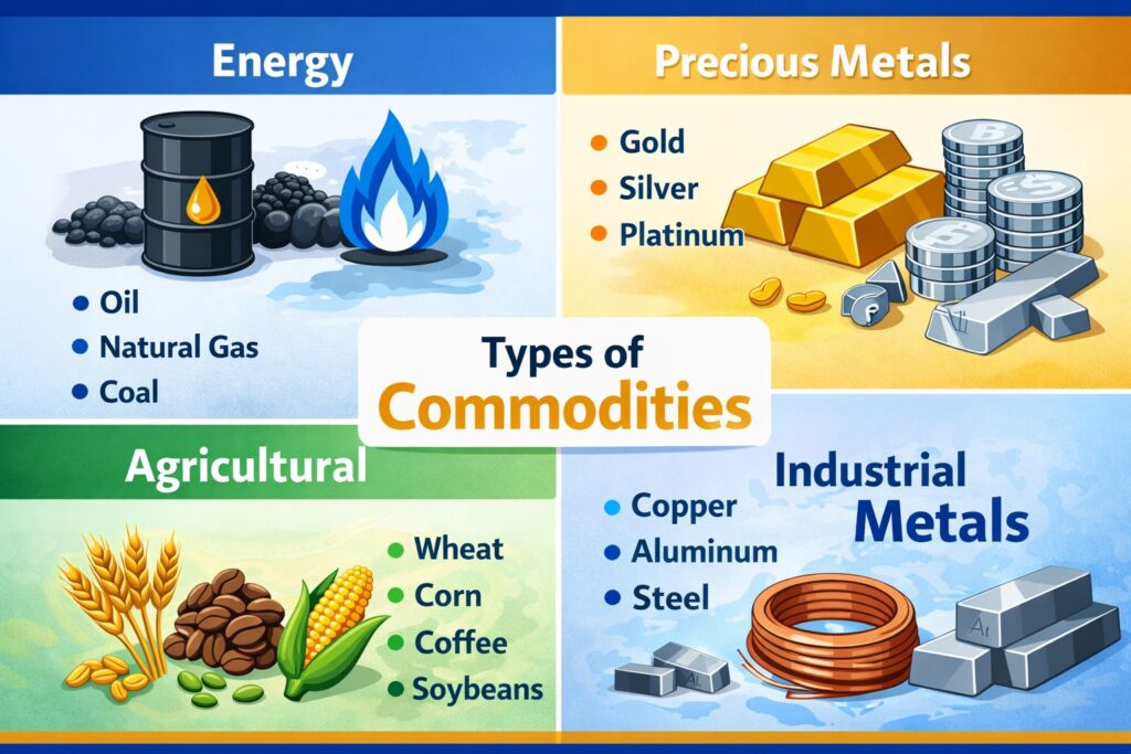 Infographic showing types of commodities including energy, precious metals, agricultural products, and industrial metals
