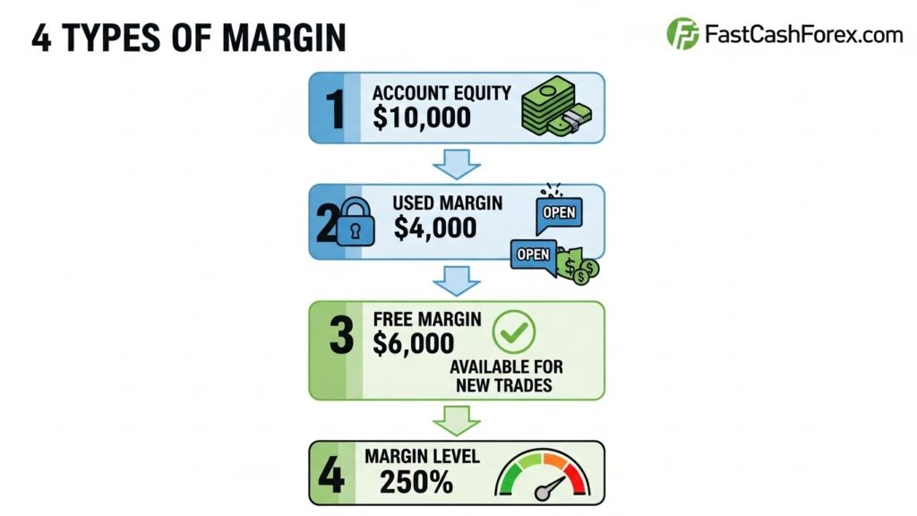 Four types of margin trading in forex  showing equity, used margin, free margin and margin level