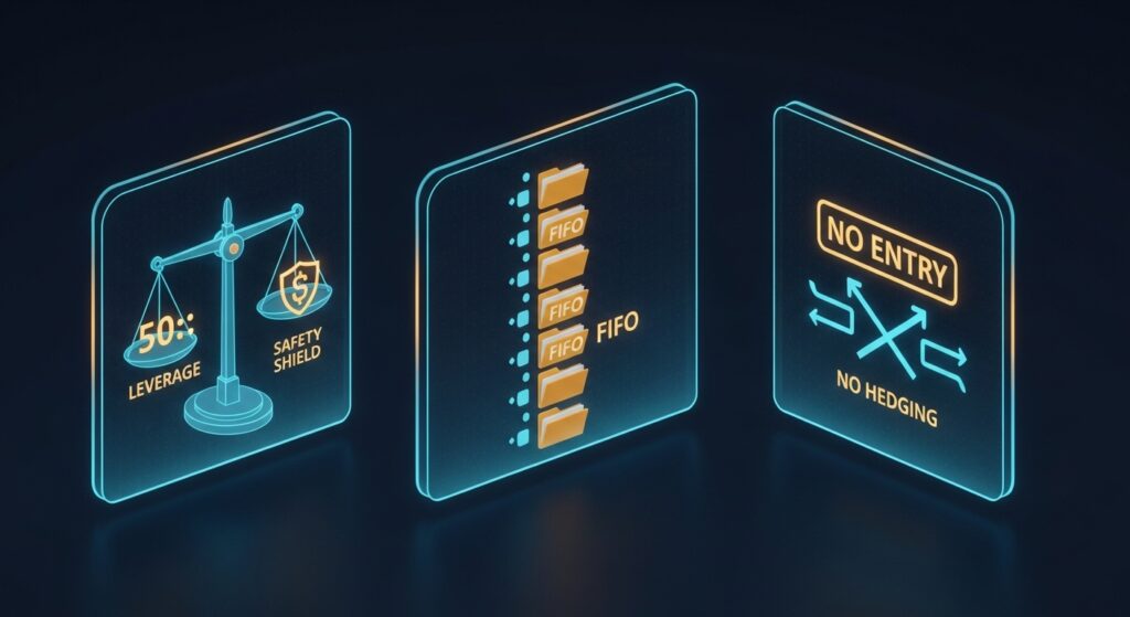 Holographic 3D dashboard illustrating US Forex traders restrictions, including 50:1 leverage limits, the FIFO rule sequence, and the prohibition of hedging on currency pairs.