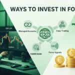 Ways to Invest in Forex: Dynamic illustration of self-directed trading, copy trading, PAMM accounts, signals, and ETFs with rising charts and global currency icons.