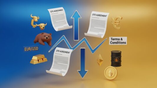 What are CFDs - visual guide showing contracts for difference trading across multiple asset markets with bidirectional arrows