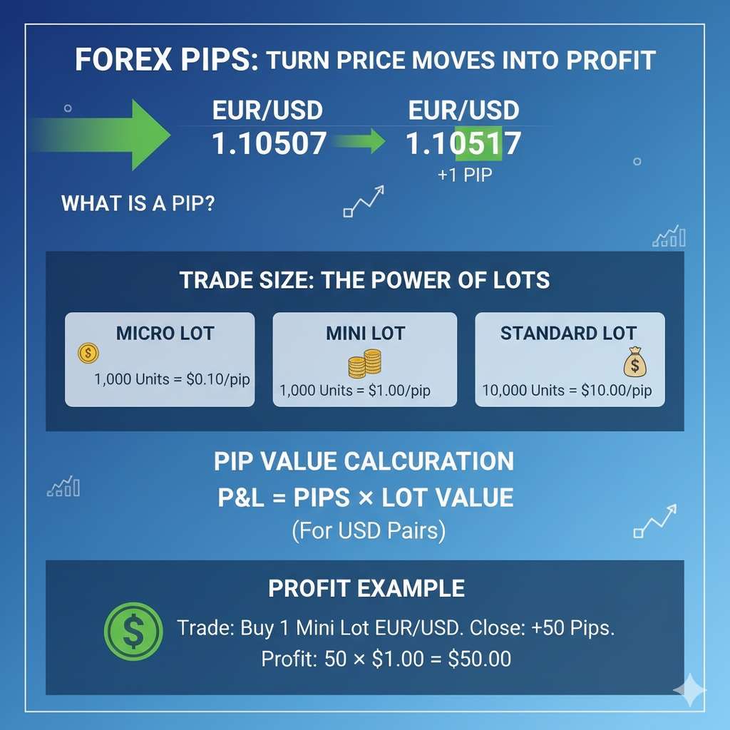 Infographic explaining what forex pips are, different trade lot sizes (micro, mini, standard), and how to calculate pip value and trading profit in USD.