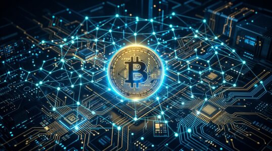 What is Bitcoin — gold BTC coin with blockchain network background