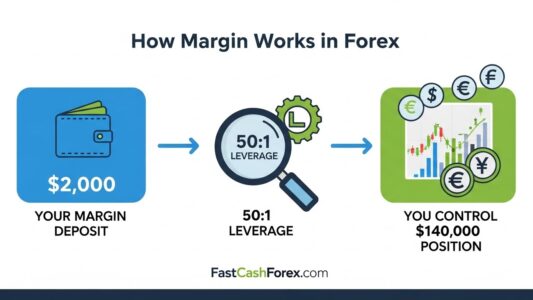 Margin Trading educational guide showing how margin deposit allows traders to control larger forex positions